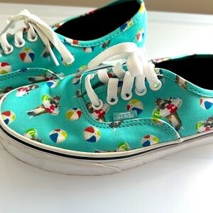 Vans Off The Wall Teal Cat & Beach Ball Canvas Sneakers Women’s 8 GUC Low Top